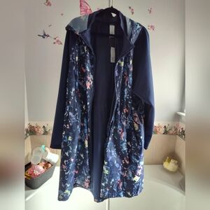 Floral Navy Long Hooded Jacket With Adjustable Waist, Pockets NWT Size 22/24